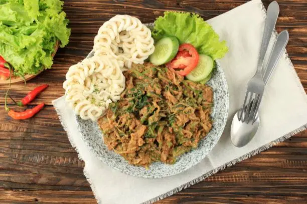 Lotek Karedok, SUndanese Signature Dish, Steamed or Raw Vegetable with Spicy Peanut Sauce. Top View