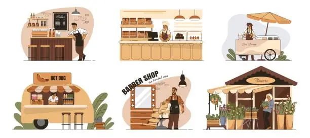 Vector illustration of Small business. Cafe and shop owners. People works at family store. Vendors selling coffee or grocery. Flowers kiosk. Barbershop or Fast food. Marketplace stalls set. Vector illustrations