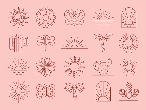 Minimal sea logo. Boho sun. Beauty Bohemian moon. Mystic minimalist sunset. Sunrise seascape. Eye tattoo. Cactus or summer flower. Beach palm. Pink butterfly. Line symbols set. Vector design template