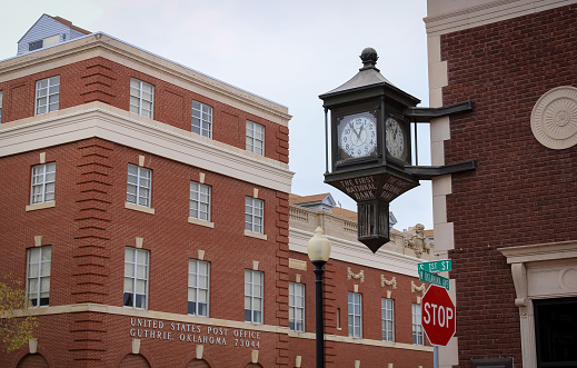 An old clock in the town square of Guthrie, Oklahoma