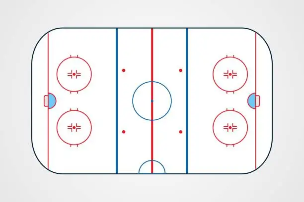 Vector illustration of Vector illustration of ice hockey rink. Top view of indoor ice rink. Professional hockey background design with circles, lines and net. Active winter recreation arena
