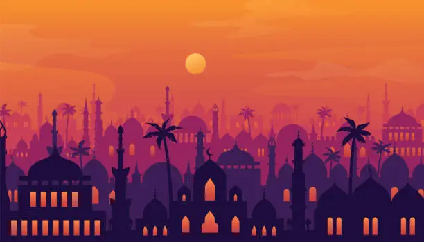 Vector illustration of Arabian cityscape Sunset