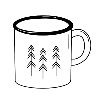 Enamel metal white and black mug with trees isolated on white background. Camping cup doodle. Vector monochrome illustration.
