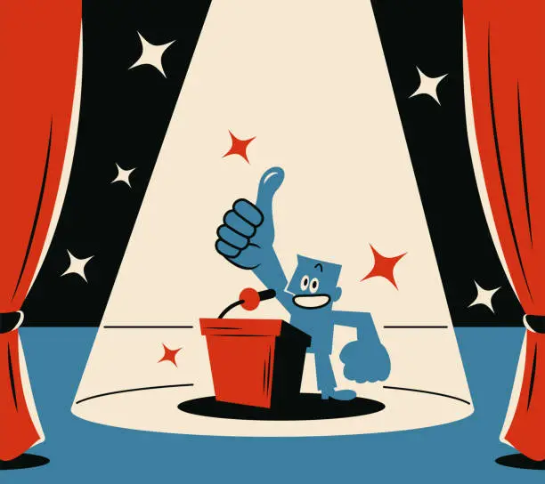 Vector illustration of A smiling blue man standing on the podium at the opening ceremony giving a speech and giving a thumbs up