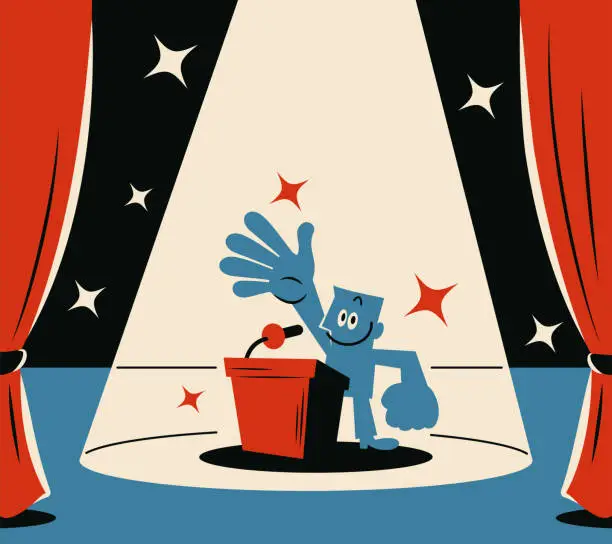 Vector illustration of A smiling blue man standing on the podium at the opening ceremony giving a speech