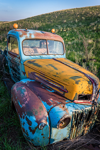 An abandoned vintage truck on the prairies in Saskatchewan