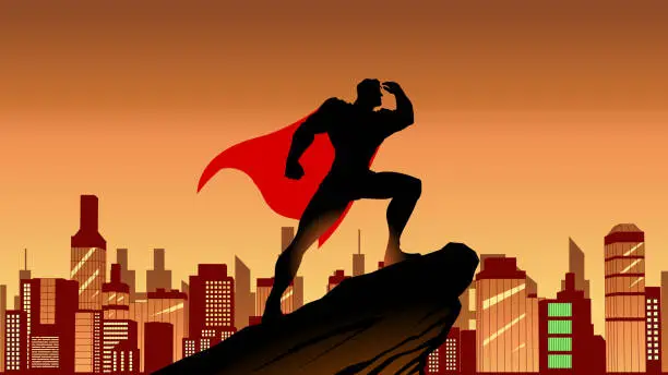 Vector illustration of Vector Superhero Looking at Far Away Silhouette in a City Stock Illustration