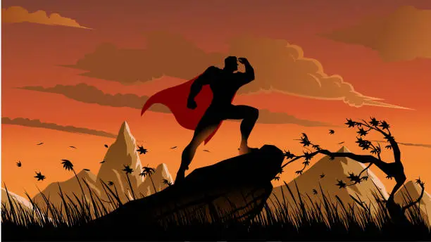 Vector illustration of Vector Superhero Looking at Far Away Silhouette in a Prairie Stock Illustration