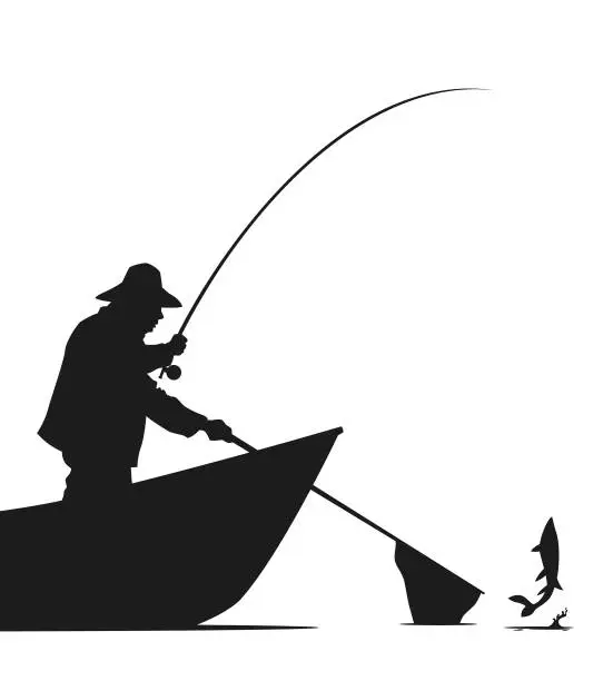 Vector illustration of Man with fishing rod and landing net in a boat catching fish - cut out vector silhouette