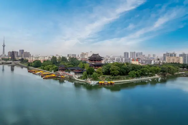Aerial photography of temples and pagodas by the riverside in Fengcheng, Taizhou
