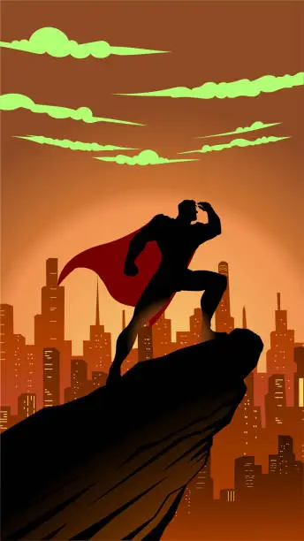 Vector illustration of Vector Superhero Looking at Far Away Silhouette in a City Vertical Poster Stock Illustration