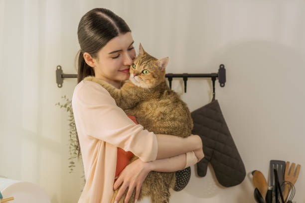 istock Asian woman with cat on kitchen counter in morning sunlight 1496810894
