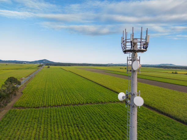 5G Network Tower On Farmland 5G Network Tower on sugar cane farm in rural Australia telecommunications equipment stock pictures, royalty-free photos & images