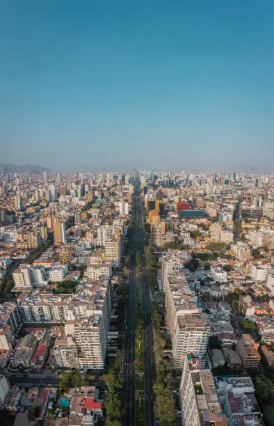 Photo of Panoramic view of skyline in San Isidro district. Aerial view from a drone of Av Javier Prado.