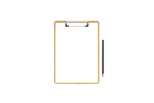 Pencil on a blank clipboard. Isolated on a white background.