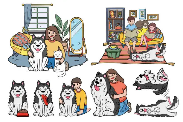 Vector illustration of Hand Drawn dog and family collection in flat style illustration for business ideas