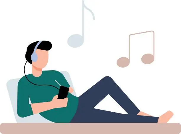 Vector illustration of Boy wearing headphones listening to music.