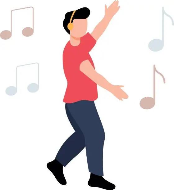Vector illustration of Boy wearing headphones listening to music.