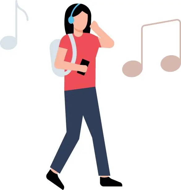 Vector illustration of The girl is walking wearing headphones.