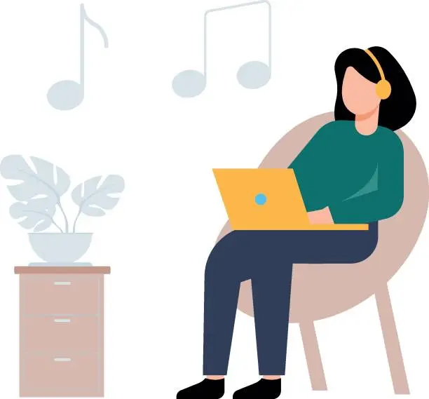 Vector illustration of A girl wearing headphones is using her laptop.