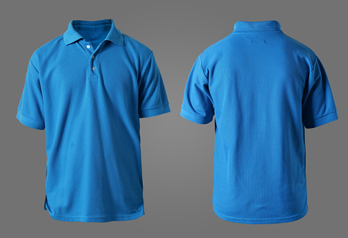 Blank collared shirt mock up template, front and back view,  plain blue t-shirt isolated on grey. Polo tee design mockup presentation for print