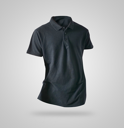Blank collared shirt mock up template, front view,  plain black t-shirt on grey background. Polo tee design mockup presentation for print