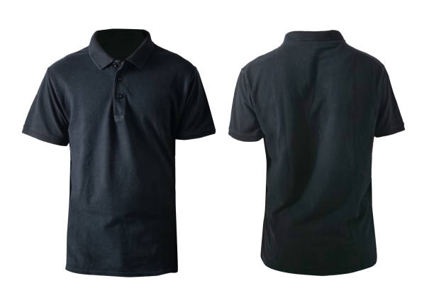 modello di modello di camicia con colletto vuoto, vista anteriore e posteriore, semplice t-shirt nera isolata su bianco. presentazione mockup polo tee design - polo shirt shirt clothing mannequin foto e immagini stock