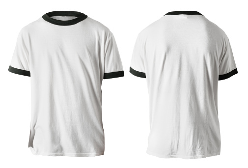 Blank shirt mock up template, front and back view,  plain ringer white t-shirt isolated on black. Tee design mockup presentation for print