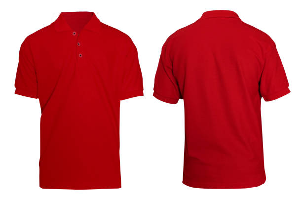 istock Blank collared shirt mock up template, front and rear view,  plain red t-shirt isolated on white. Polo tee design mockup presentation 1496823150
