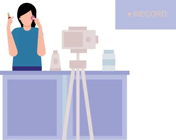 Vector illustration of A girl is making a promotional video for cosmetics.