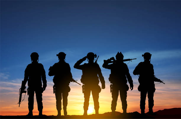 ilustrações de stock, clip art, desenhos animados e ícones de silhouettes of a soldiers against the sunset - navy officer armed forces saluting