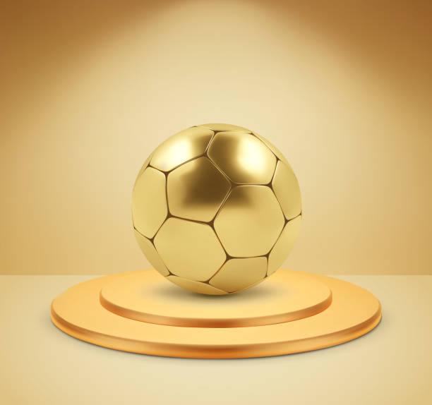 istock Golden soccer ball on a podium. Soccer trophy concept 1496827232