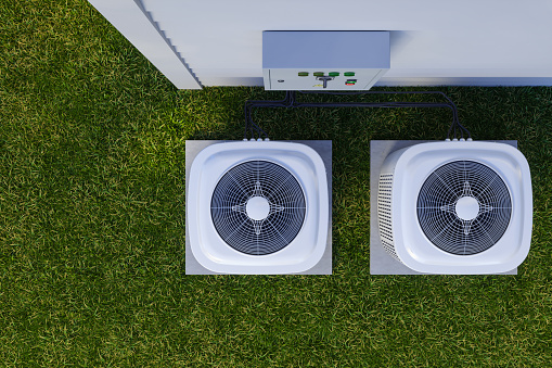 High Angle View Of Air Conditioning Units In The Garden