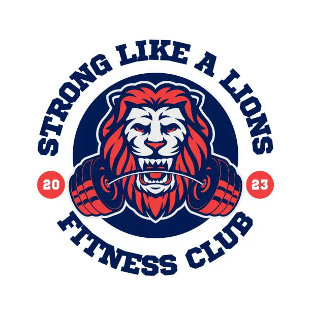 Vector illustration of Lion head with barbell on mouth logo concept for fitness and gym