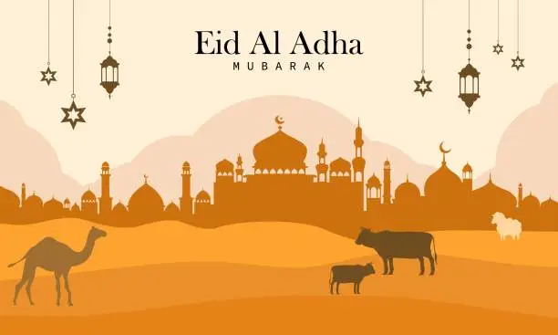 Vector illustration of Qurban in Eid Al Adha Mubarak with Mosque, Stars and Lanterns as Background.