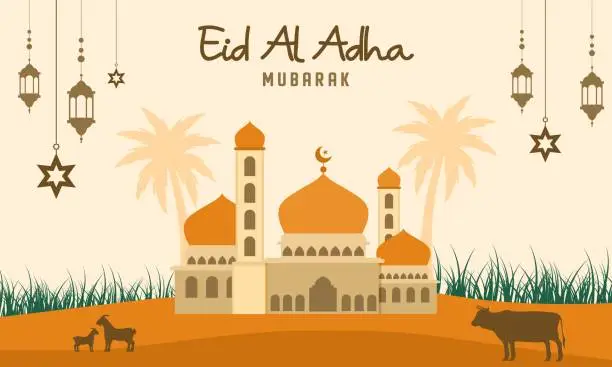Vector illustration of Qurban in Eid Al Adha Mubarak with Mosque, Stars and Lanterns as Background.