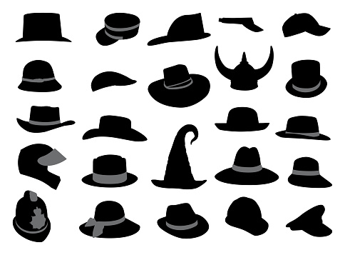 Vector illustration of twenty four various  hat silhouettes.
