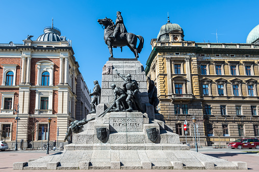 Krakow, Poland - March 11, 2022: An equestrian statue of King of Poland WladysÅaw II Jagiello (1352â1434) in Matejko Square in Krakow. Monument to the Battle of Grunwald.