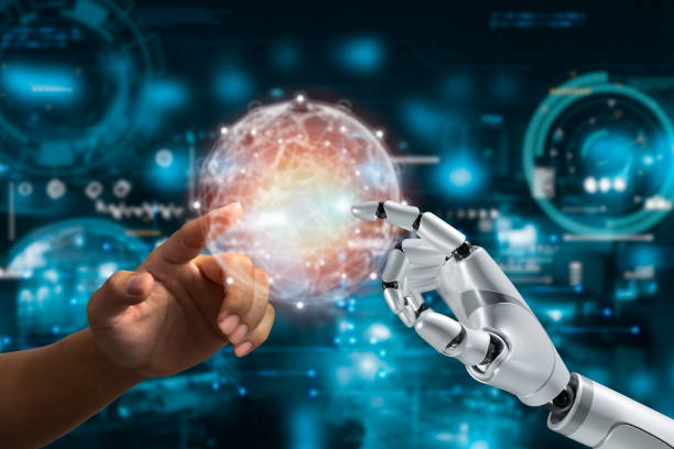 istock Hands of robot and human touching network connection big data innovation and futuristic on the hologram screen. artificial intelligence AI, Machine learning digital technology, 1496833553