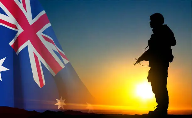 Vector illustration of Silhouette of Soldier with Australian flag on background of sunset