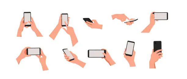 Vector illustration of Set of hand holding the black smartphone with blank screen