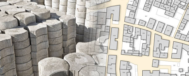 Stack of concrete self-locking flooring blocks on wooden pallet in a construction site used in building activity to create permeable floors to rain water - concept with imaginary city map pila de bloques de pisos autoblocantes de concreto en una plataforma de madera en un sitio de construcción utilizado en la actividad de construcción para crear pisos permeables al agua de lluvia - concepto con mapa imaginario de la ciudad