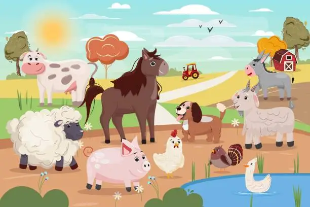 Vector illustration of Agriculture summer illustration with farm animals. Vector illustration