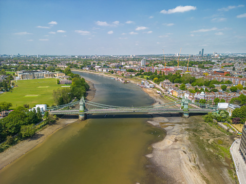 Aerial view of Hammersmith bridge across River Thames in west London, links Hammersmith and Barnes.