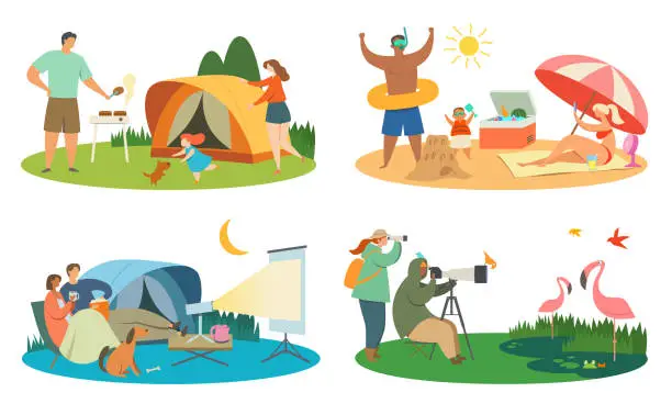 Vector illustration of Vector illustration of different ways to spend a vacation in the outdoors