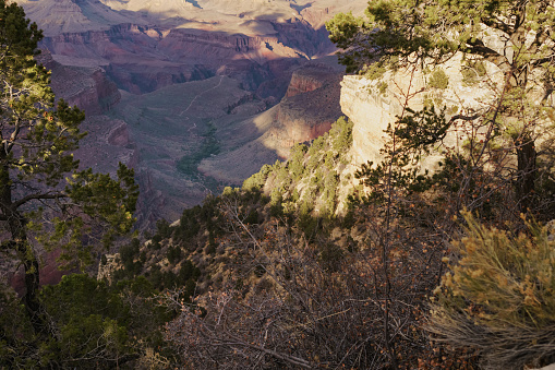 view from South Rim of Grand Canyon in sunny autumn day with white clouds, wide angle