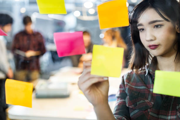 istock Young creative woman making mind map on a glass wall in the office. 1496846753