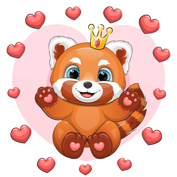 illustrations, cliparts, dessins animés et icônes de panda rouge de dessin animé mignon avec couronne encadrée de cœur. - young animal baby panda red