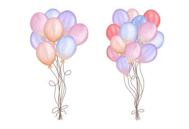 akwarela kolorowe wiązki balonów. zestaw kolorowych balonów w pastelowych kolorach ilustracja na białym tle. urodziny. - birthday balloon bouquet clip art stock illustrations