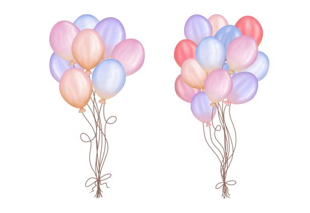 акварельные разноцветные пучки воздушных шаров. набор пастельных красочных воздушных шаров, изолированных на белом фоне. день рождения. - birthday balloon bouquet clip art stock illustrations
